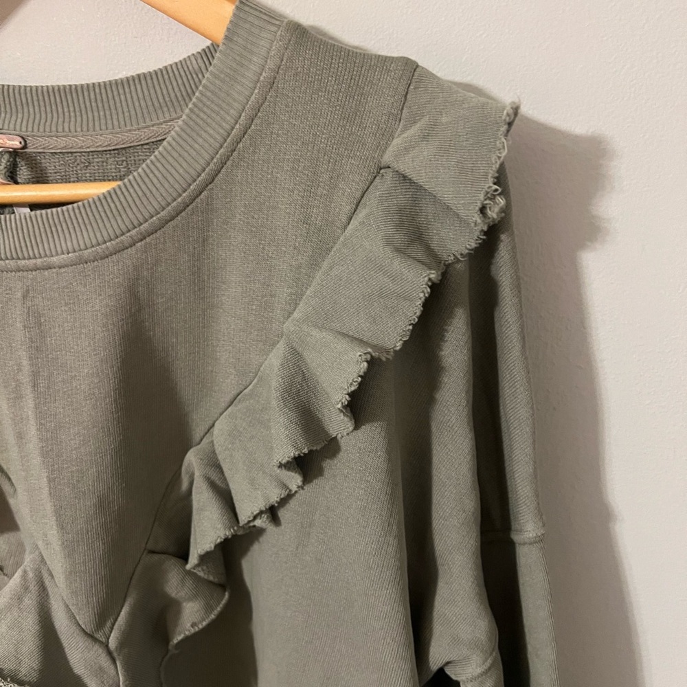 Free People Olive Sage Ruffle V-Neck Crew Sweatshirt - Picture 5 of 7